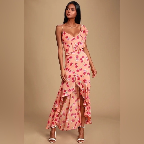 Lulu’s Bloom Forever Coral Orange Floral Print Ruffled High-Low Dress - Picture 1 of 14